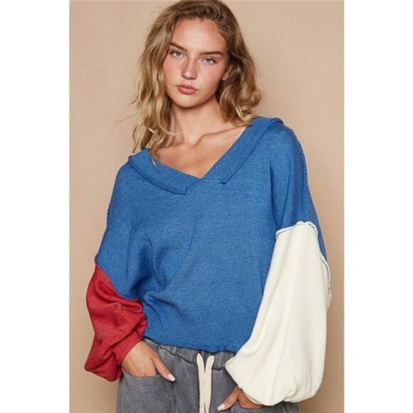 POL Exposed Seam Contrast V-Neck Lantern Sleeve Sweater - Picture 1 of 8